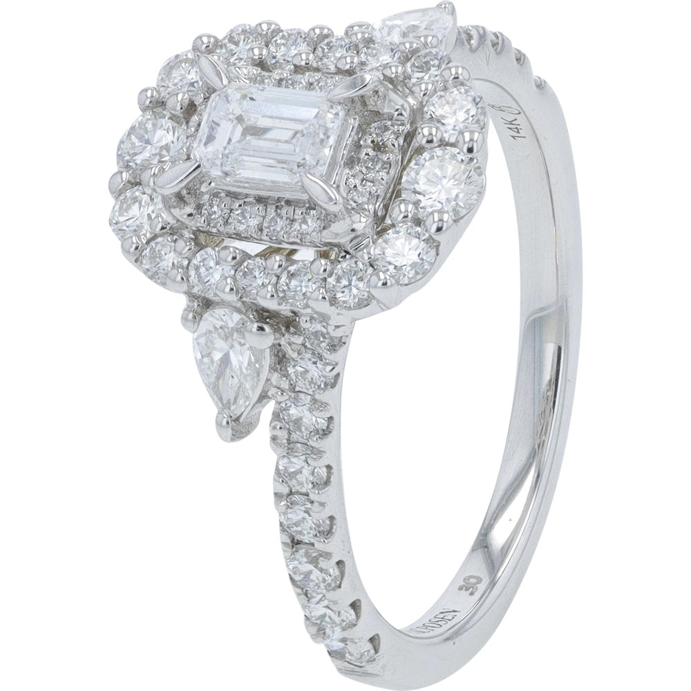 14K White Gold Double Halo Engagement Ring with Emerald-Cut Center and Pear Diamond Accents - 1.20 Carat Total Diamond Weight