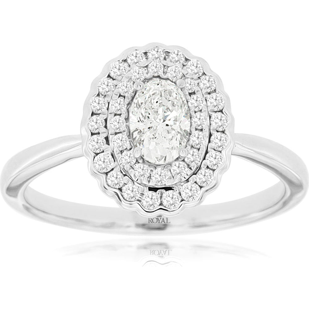 14K White Gold Double Halo Engagement Ring with Oval Cut Center Diamond and Scalloped Edges - 0.32 Carat Center Stone and 0.26 Carat Total Accent Diamond Weight - Royal Jewelry