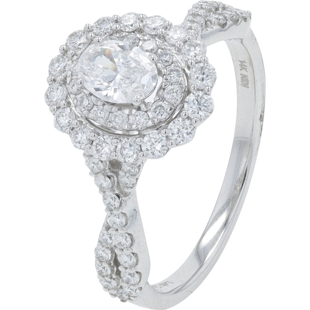 14K White Gold Double Halo Engagement Ring with Oval Lab-Grown Diamond and Split Shank Pavé Band - 1.00 Carat Total Diamond Weight