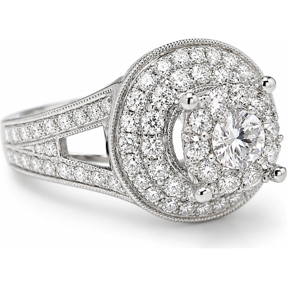 14K White Gold Double Halo Engagement Ring with Pavé Set Round Diamonds and Vintage Milgrain Detailing - 2.09 Carat Total Diamond Weight by Auriventus