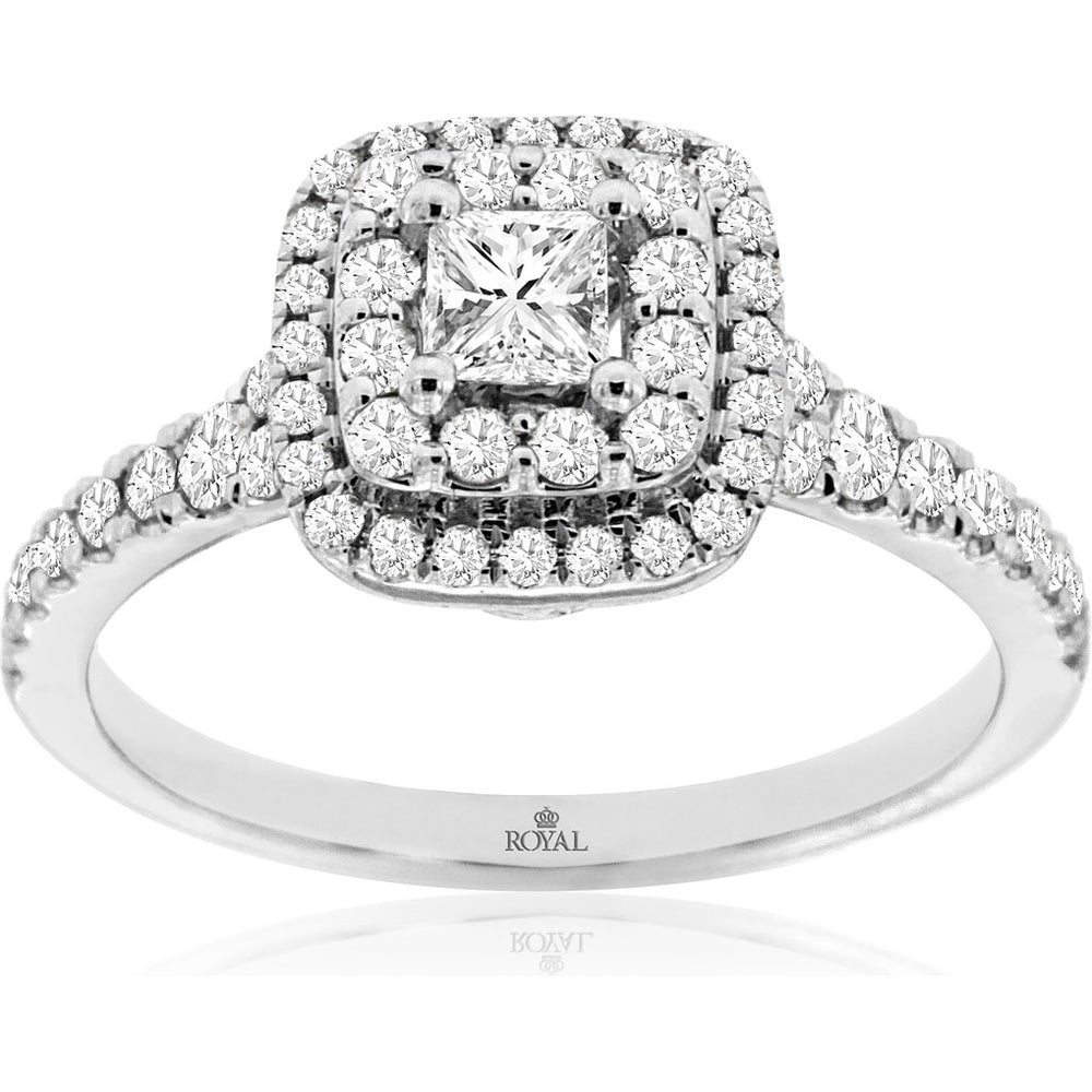 14K White Gold Double Halo Engagement Ring with Princess-Cut Center Diamond and Round Brilliant Accent Stones - 0.78 Carat Total Diamond Weight - Royal Jewelry