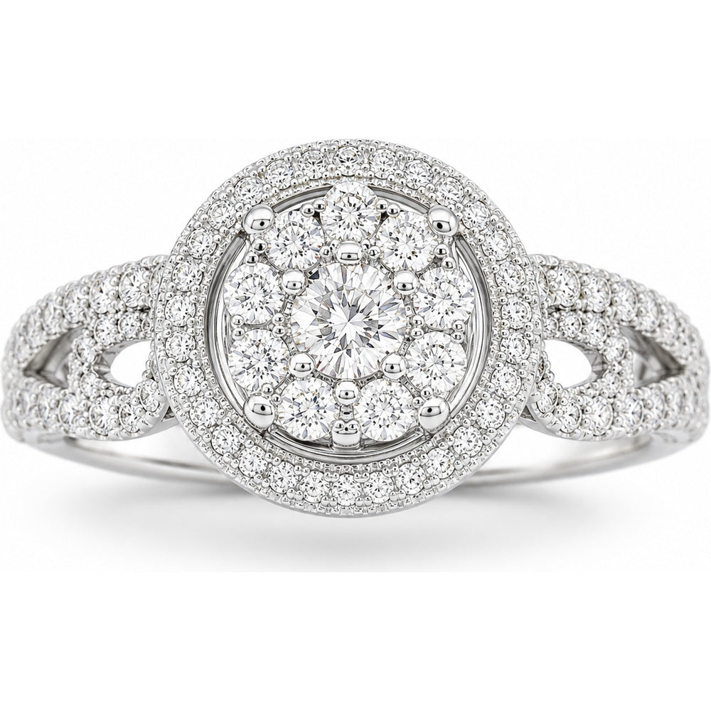 14K White Gold Double Halo Fashion Ring with Round Cluster Diamonds - 1.94 Carat Total Diamond Weight by Auriventus