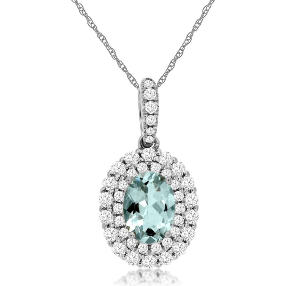 14K White Gold Double Halo Oval Aquamarine Pendant with 0.66 Carat Aquamarine and 0.39 Carat Total Diamond Weight - Royal Jewelry