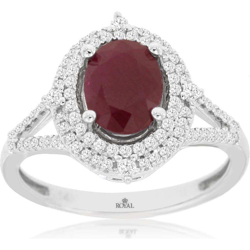 14K White Gold Double Halo Oval Ruby and Diamond Ring - 1.23 Carat Ruby, 0.33 Carat Total Diamond Weight - Royal Jewelry