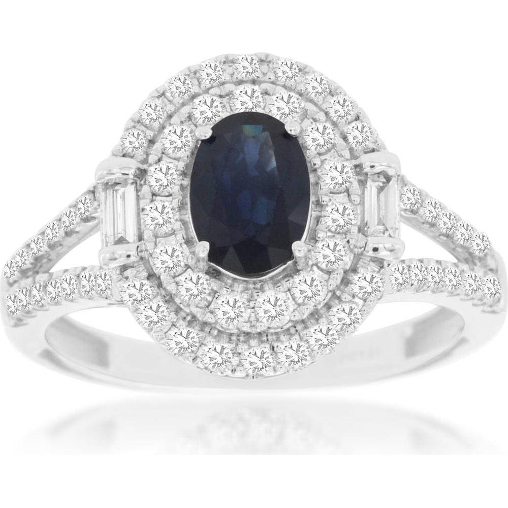 14K White Gold Double Halo Oval Sapphire Ring with Baguette and Round Diamonds - 1.00 Carat Sapphire, 0.56 Carat Total Diamond Weight - Royal Jewelry