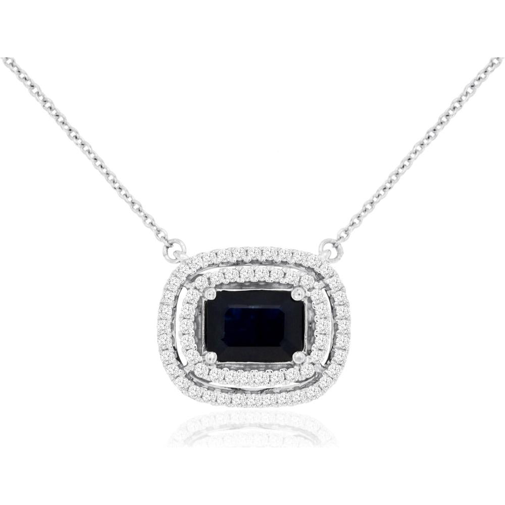 14K White Gold Double Halo Pendant Necklace with 1.09 Carat Emerald-Cut Sapphire and 0.33 Carat Round Diamonds - Royal Jewelry