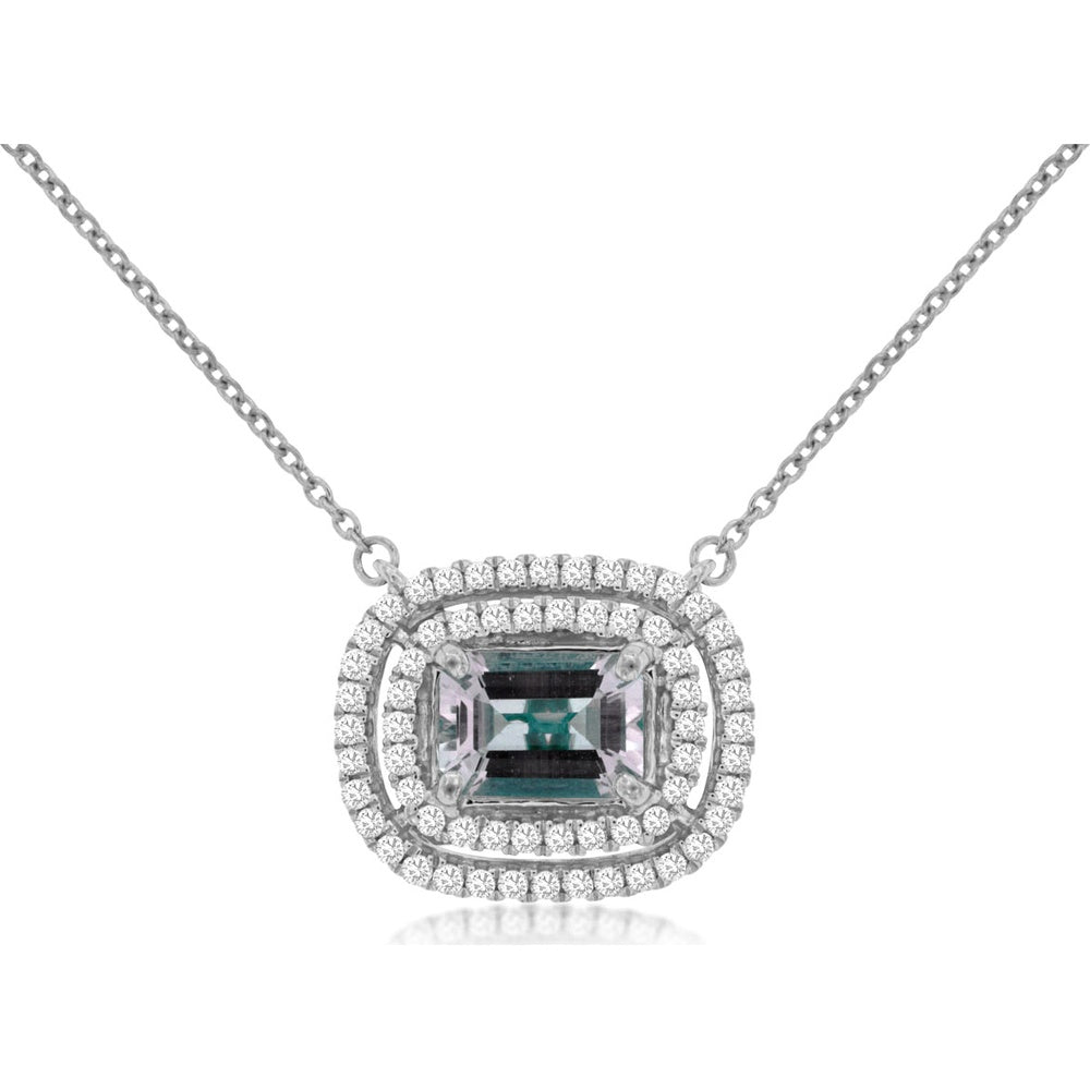 14K White Gold Double Halo Pendant Necklace with Emerald-Cut Aquamarine and Round Diamonds - 0.85 Carat Aquamarine and 0.33 Carat Total Diamond Weight - Royal Jewelry