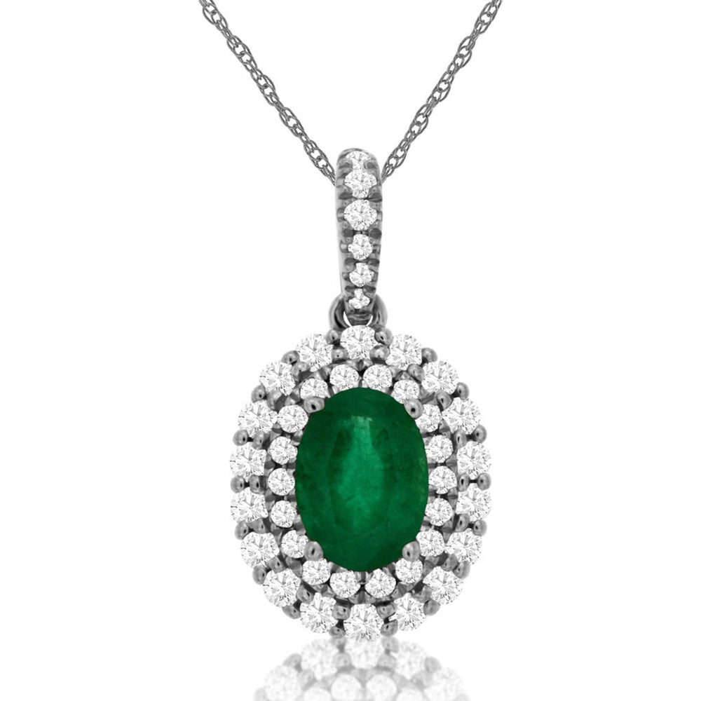 14K White Gold Double Halo Pendant Necklace with Oval-Cut Emerald and Round Diamonds - 0.70 Carat Emerald and 0.39 Carat Total Diamond Weight - Royal Jewelry