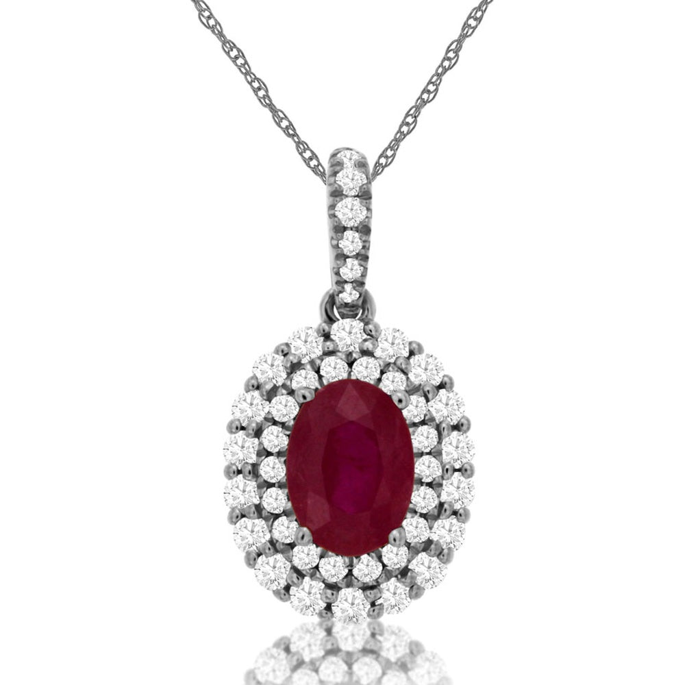 14K White Gold Double Halo Pendant Necklace with Oval Ruby and Round Diamonds - 0.90 Carat Ruby and 0.39 Carat Total Diamond Weight - Royal Jewelry