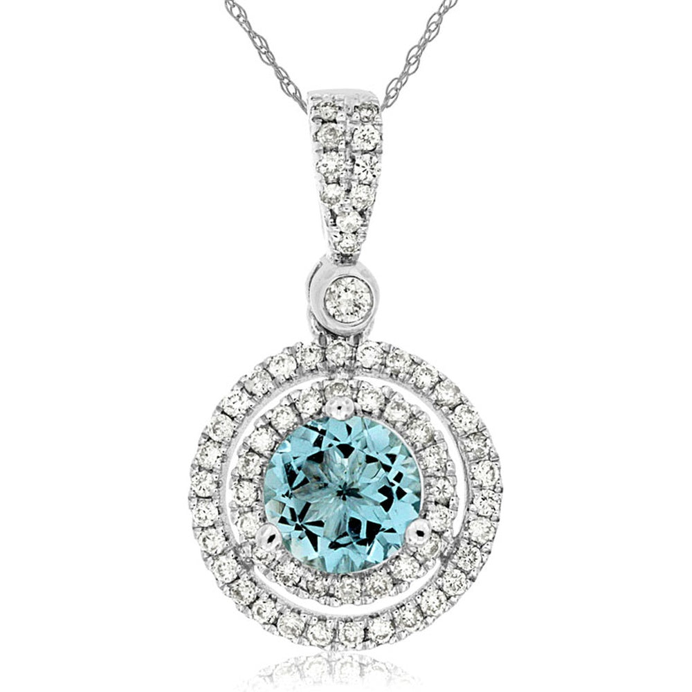 14K White Gold Double Halo Pendant Necklace with Round Aquamarine and Pavé-Set Round Diamonds - 0.55 Carat Aquamarine and 0.26 Carat Total Diamond Weight - Royal Jewelry