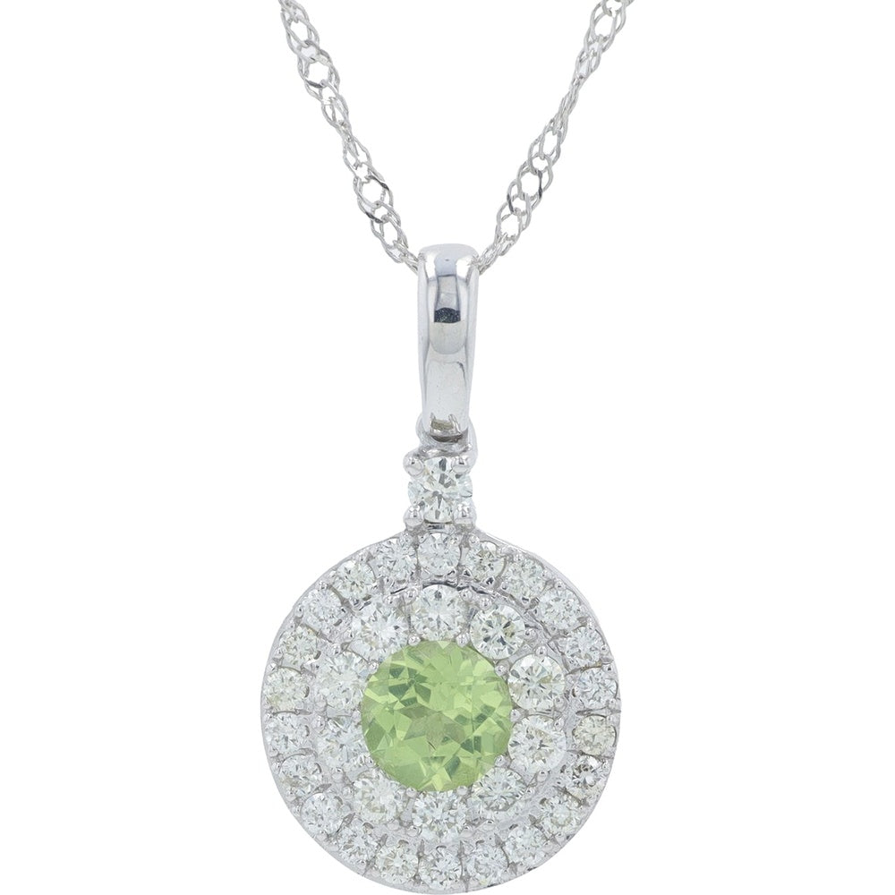 14K White Gold Double Halo Pendant Necklace with Round Peridot and 0.30 Carat Brilliant Diamonds