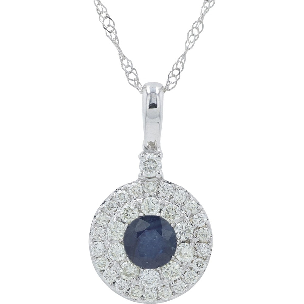 14K White Gold Double Halo Pendant Necklace with Round Sapphire and 0.30 Carat Total Diamond Weight