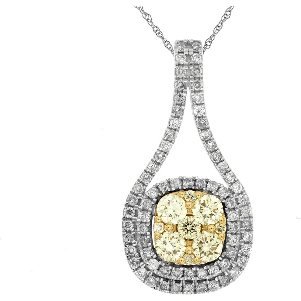 14K White Gold Double Halo Pendant Necklace with Yellow Diamond Cluster and Brilliant White Diamonds - 1.10 Carat Total Diamond Weight - Royal Jewelry