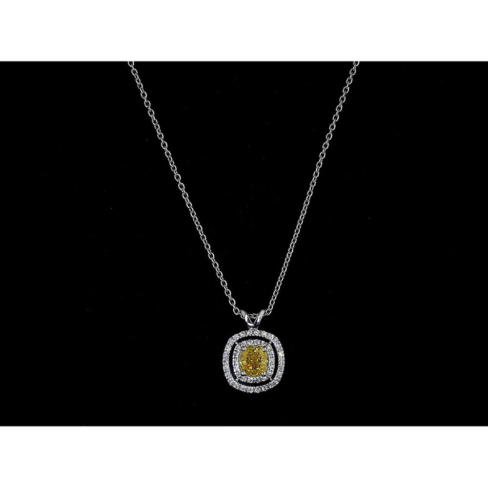 14K White Gold Double Halo Pendant with 0.67 Carat Cushion Cut Fancy Vivid Yellow Lab Diamond and 0.23 Carat White Diamond Accents - IGI Certified, East-West Setting - Covaloro Fine Jewelry
