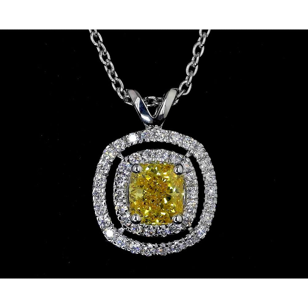 14K White Gold Double Halo Pendant with 0.67 Carat Cushion Cut Fancy Vivid Yellow Lab Diamond and 0.23 Carat White Diamond Accents - IGI Certified, East-West Setting - Covaloro Fine Jewelry