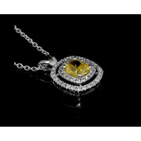 14K White Gold Double Halo Pendant with 0.67 Carat Cushion Cut Fancy Vivid Yellow Lab Diamond and 0.23 Carat White Diamond Accents - IGI Certified, East-West Setting - Covaloro Fine Jewelry