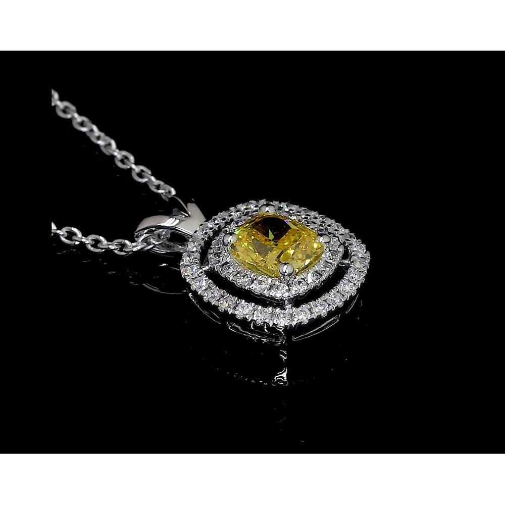 14K White Gold Double Halo Pendant with 0.67 Carat Cushion Cut Fancy Vivid Yellow Lab Diamond and 0.23 Carat White Diamond Accents - IGI Certified, East-West Setting - Covaloro Fine Jewelry