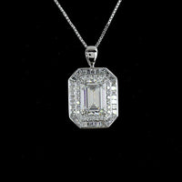 14K White Gold Double Halo Pendant with 5.00 Carat Emerald Cut Lab Diamond, Trapezoid and Round Accents - 6.57 Carat Total Weight - Covaloro Fine Jewelry