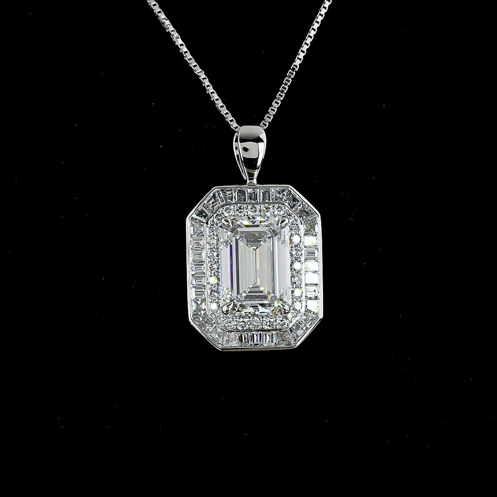 14K White Gold Double Halo Pendant with 5.00 Carat Emerald Cut Lab Diamond, Trapezoid and Round Accents - 6.57 Carat Total Weight - Covaloro Fine Jewelry