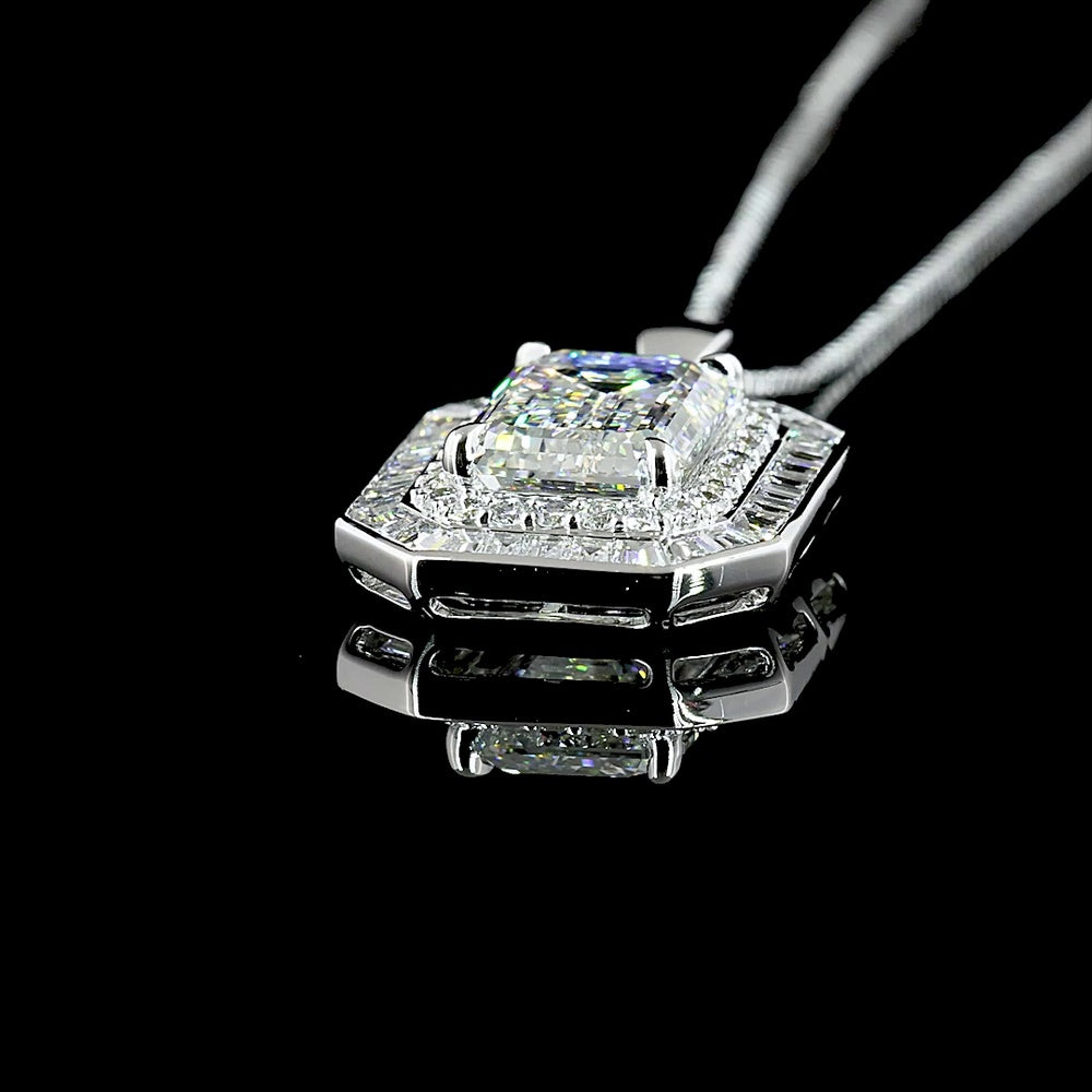 14K White Gold Double Halo Pendant with 5.00 Carat Emerald Cut Lab Diamond, Trapezoid and Round Accents - 6.57 Carat Total Weight - Covaloro Fine Jewelry