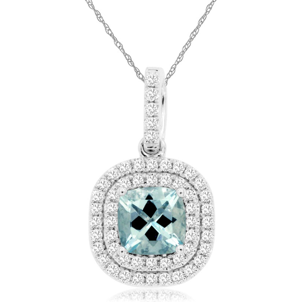 14K White Gold Double Halo Pendant with Cushion Cut Aquamarine and Pavé Set Round Diamonds - 0.85 Carat Aquamarine and 0.30 Carat Total Diamond Weight - Royal Jewelry