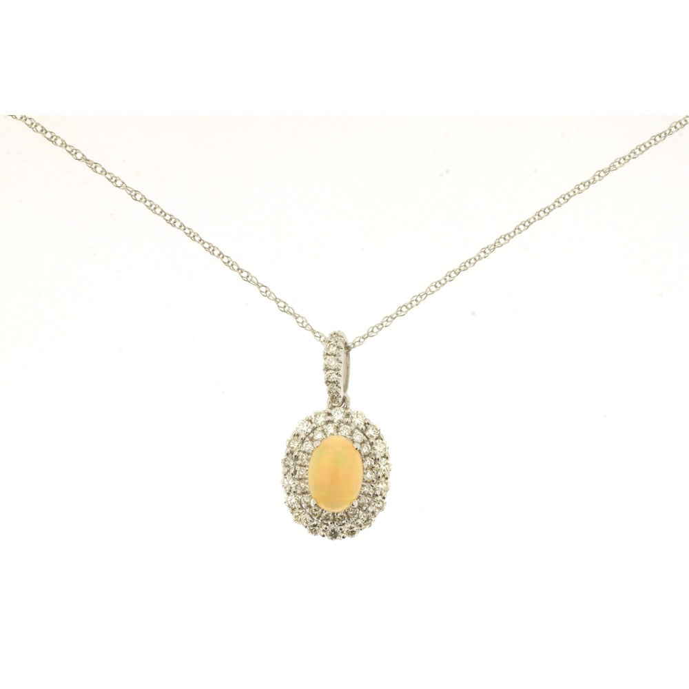 14K White Gold Double Halo Pendant with Oval Opal and Round Diamonds - 0.50 Carat Opal and 0.39 Carat Total Diamond Weight - Royal Jewelry
