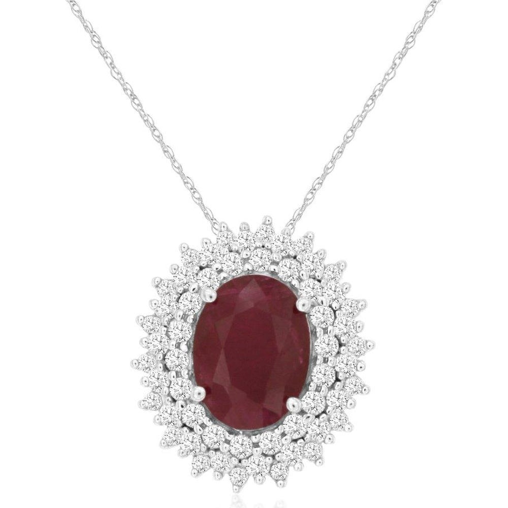 14K White Gold Double Halo Pendant with Oval Ruby and Round Diamonds - 1.20 Carat Ruby and 0.33 Carat Total Diamond Weight - Royal Jewelry