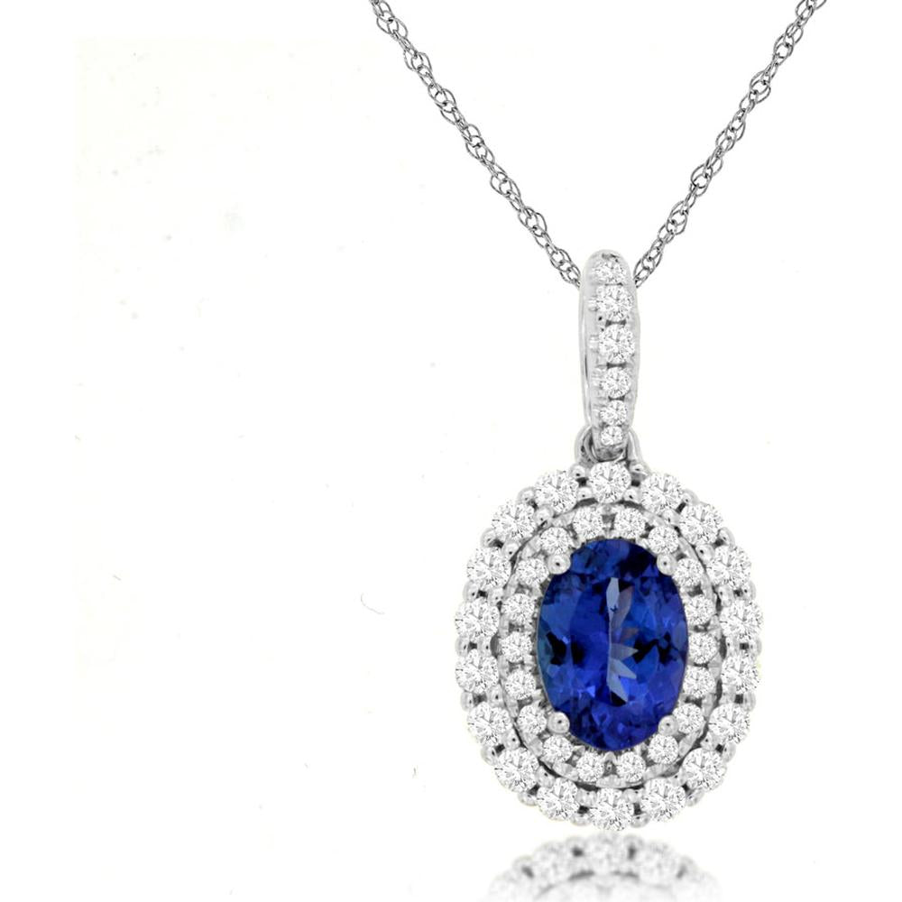 14K White Gold Double Halo Pendant with Oval Tanzanite and Round Diamonds - 0.84 Carat Tanzanite, 0.39 Carat Diamond Total Weight - Royal Jewelry