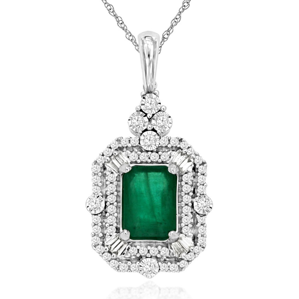 14K White Gold Double Halo Pendant with Rectangular Emerald and Round and Baguette Diamonds - 1.04 Carat Emerald and 0.25 Carat Total Diamond Weight - Royal Jewelry
