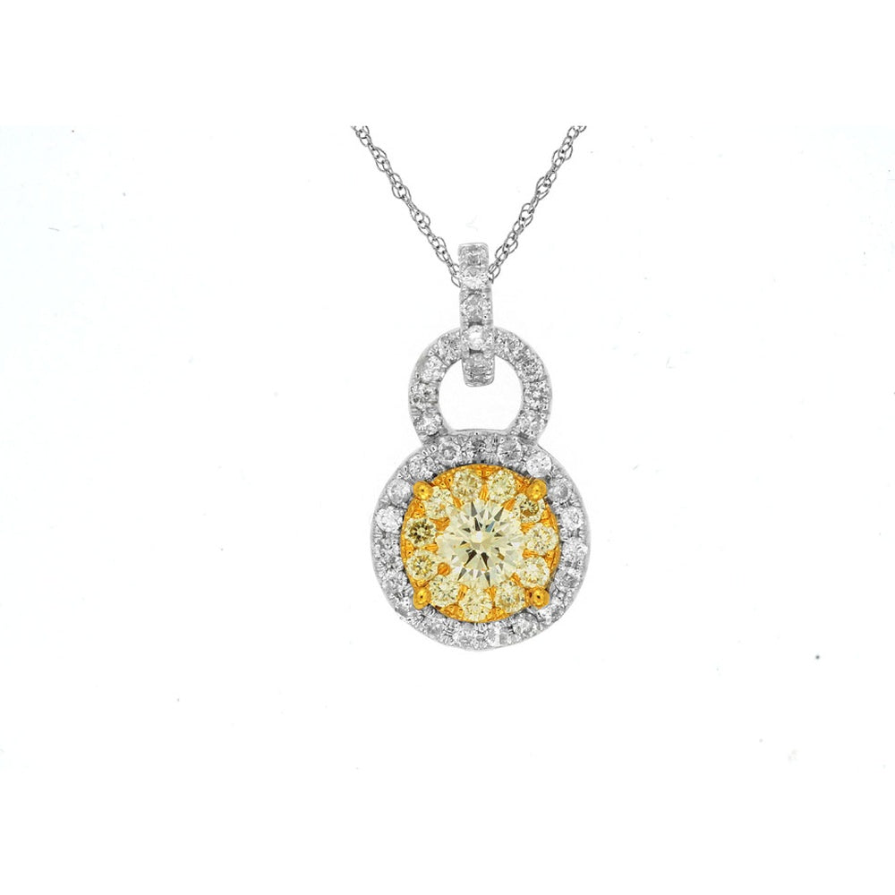 14K White Gold Double Halo Pendant with Round White Diamond and Fancy Yellow Diamond Accents - 0.24 Carat White Diamond and 0.40 Carat Total Yellow Diamond Weight - Royal Jewelry