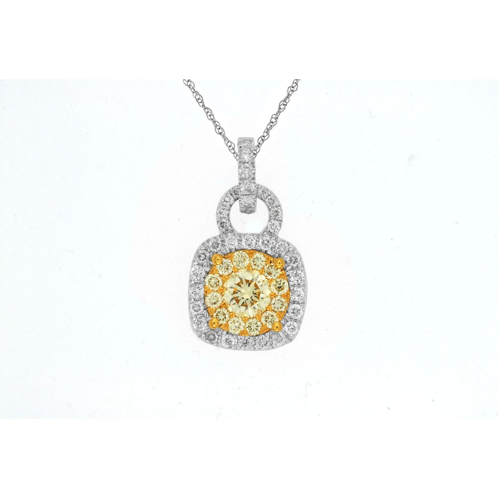14K White Gold Double Halo Pendant with Round Yellow Diamond and White Diamond Accents - 0.47 Carat Yellow Diamond and 0.25 Carat White Diamond Total Weight - Royal Jewelry