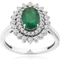 14K White Gold Double Halo Ring with 1.10 Carat Oval Emerald and 0.50 Carat Round Diamonds - Royal Jewelry