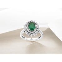 14K White Gold Double Halo Ring with 1.10 Carat Oval Emerald and 0.50 Carat Round Diamonds - Royal Jewelry