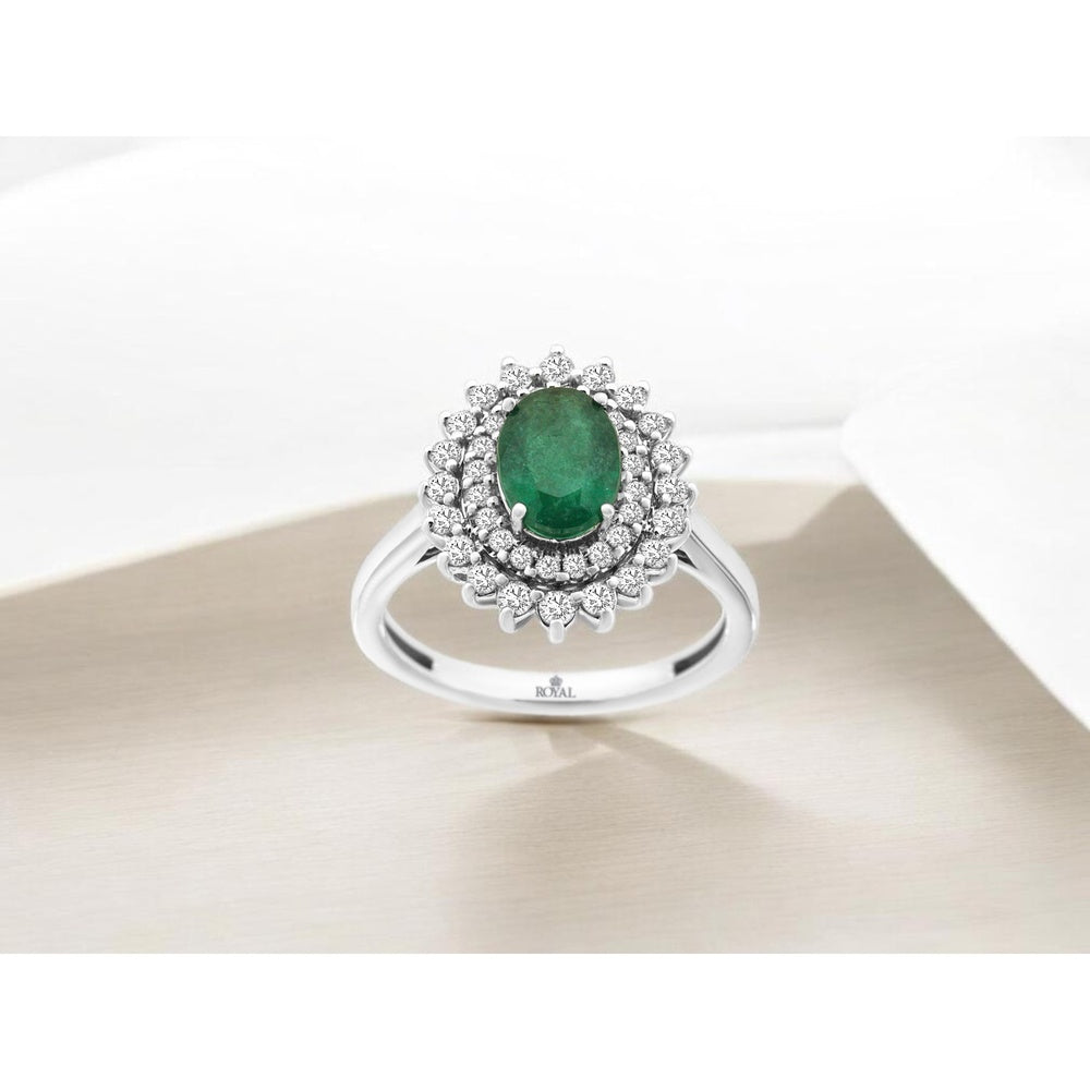 14K White Gold Double Halo Ring with 1.10 Carat Oval Emerald and 0.50 Carat Round Diamonds - Royal Jewelry