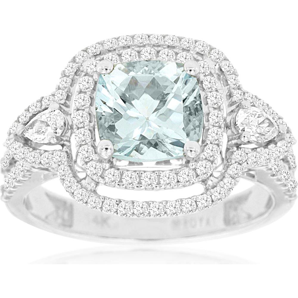 14K White Gold Double Halo Ring with 1.25 Carat Cushion Cut Aquamarine and 0.77 Carat Total Diamond Weight with Pear Shaped Accents - Royal Jewelry