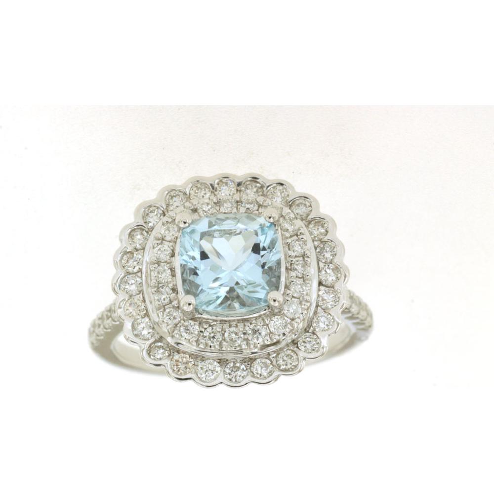 14K White Gold Double Halo Ring with 1.35 Carat Cushion Cut Aquamarine and 0.82 Carat Round Diamond Accents - Royal Jewelry