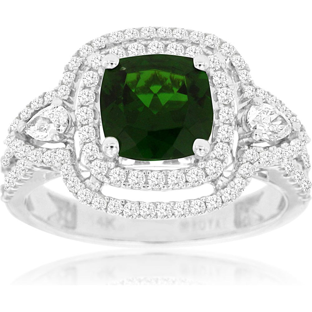 14K White Gold Double Halo Ring with 1.40 Carat Cushion-Cut Russalite and 0.77 Carat Round and Pear Diamonds - Royal Jewelry