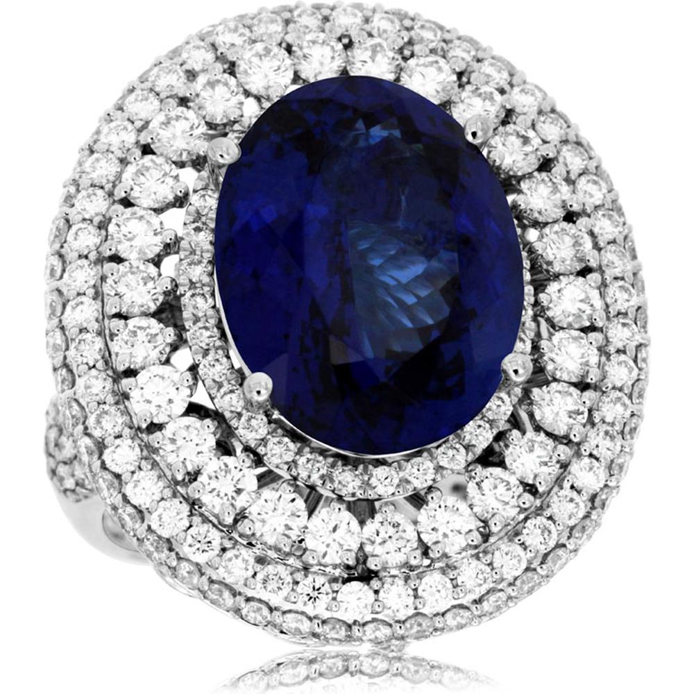 14K White Gold Double Halo Ring with 8.60 Carat Oval Tanzanite and 3.10 Carat Round Brilliant Diamonds - Royal Jewelry