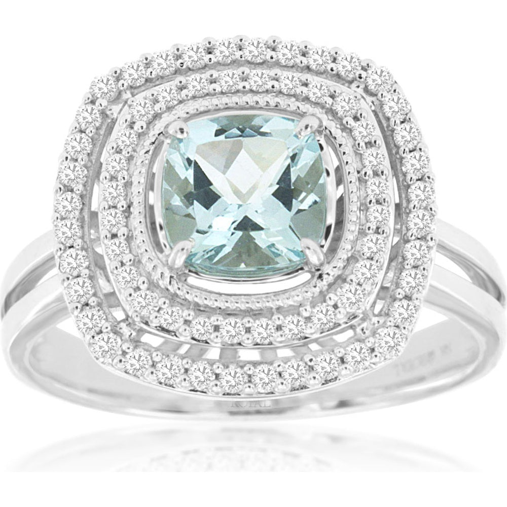14K White Gold Double Halo Ring with Cushion Cut Aquamarine and Round Diamonds - 0.84 Carat Aquamarine and 0.33 Carat Total Diamond Weight - Royal Jewelry