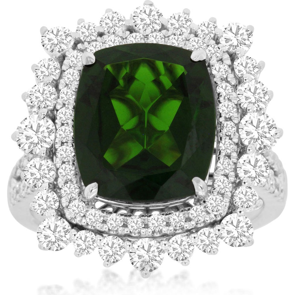 14K White Gold Double Halo Ring with Cushion-Cut Russalite and Round Diamonds - 5.50 Carat Russalite and 1.60 Carat Total Diamond Weight - Royal Jewelry