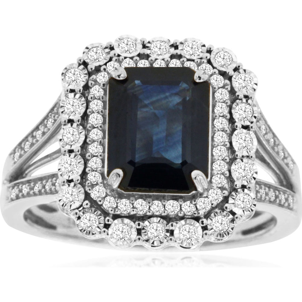 14K White Gold Double Halo Ring with Emerald-Cut Sapphire and Round Diamonds - 2.30 Carat Sapphire and 0.33 Carat Total Diamond Weight - Royal Jewelry