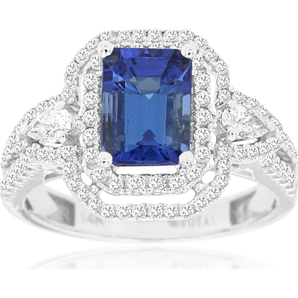 14K White Gold Double Halo Ring with Emerald-Cut Tanzanite and Pear Diamond Side Stones - 1.65 Carat Tanzanite and 0.72 Carat Total Diamond Weight - Royal Jewelry