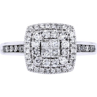 14K White Gold Double Halo Ring with Invisible Set Square Center and Channel Set Shoulder Diamonds - 0.75 Carat Total Diamond Weight