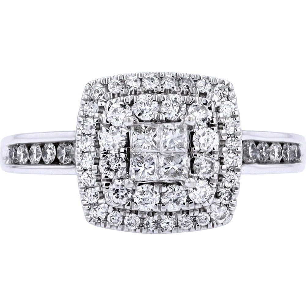14K White Gold Double Halo Ring with Invisible Set Square Center and Channel Set Shoulder Diamonds - 0.75 Carat Total Diamond Weight