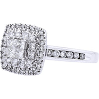 14K White Gold Double Halo Ring with Invisible Set Square Center and Channel Set Shoulder Diamonds - 0.75 Carat Total Diamond Weight