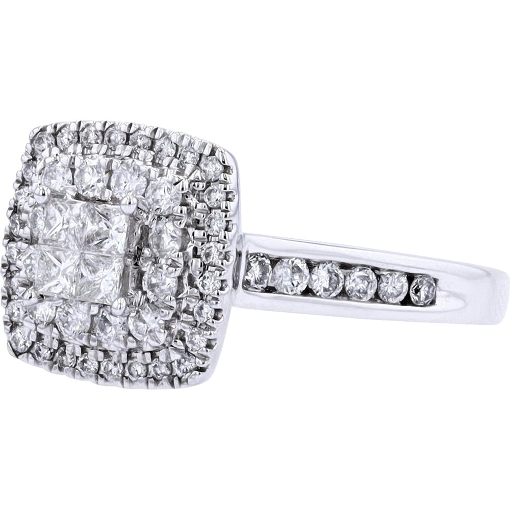 14K White Gold Double Halo Ring with Invisible Set Square Center and Channel Set Shoulder Diamonds - 0.75 Carat Total Diamond Weight