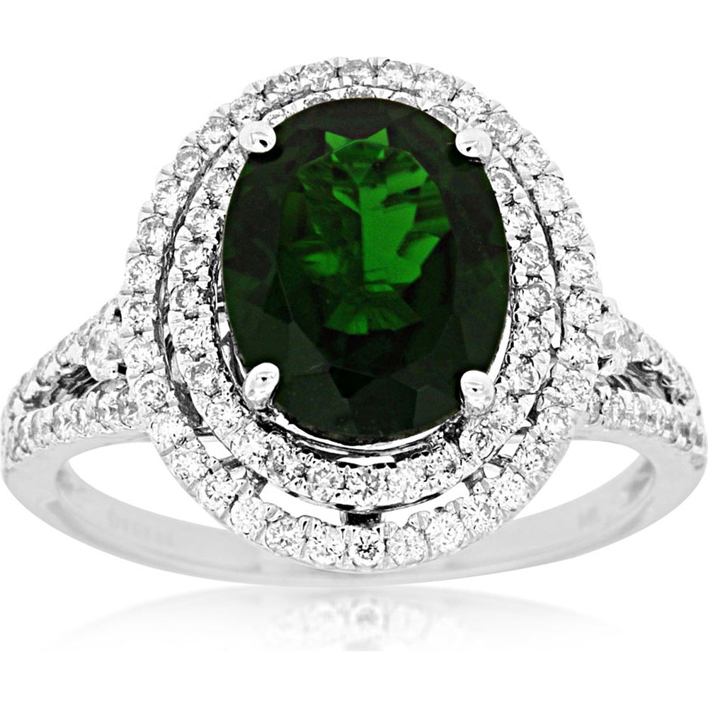 14K White Gold Double Halo Ring with Oval 2.60 Carat Russalite and 0.44 Carat Pavé Set Diamonds - Royal Jewelry