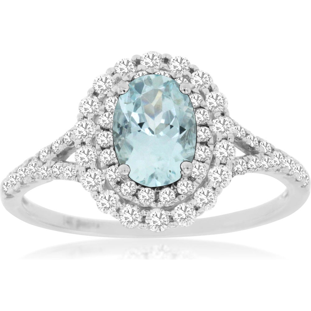 14K White Gold Double Halo Ring with Oval Aquamarine and Round Diamonds - 0.68 Carat Aquamarine and 0.50 Carat Total Diamond Weight - Royal Jewelry