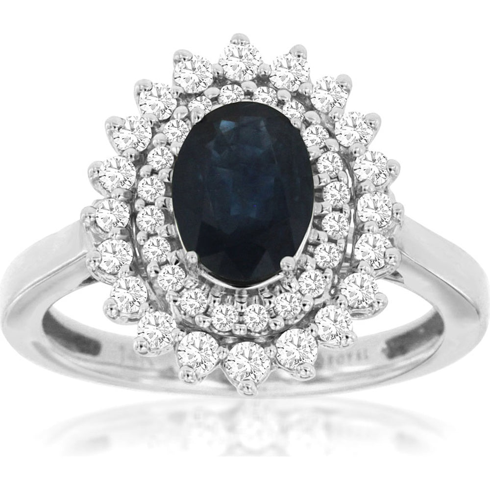 14K White Gold Double Halo Ring with Oval Sapphire and Round Diamonds - 1.47 Carat Sapphire and 0.50 Carat Total Diamond Weight - Royal Jewelry