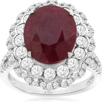 14K White Gold Double Halo Ring with Prong-Set Oval Ruby and Round Diamonds - 6.00 Carat Ruby & 1.40 Carat Diamond Weight - Royal Jewelry